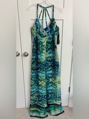 Marc New York Andrew Marc Maxi Dress Green Blue Abstract Chiffon Size 14 NWT